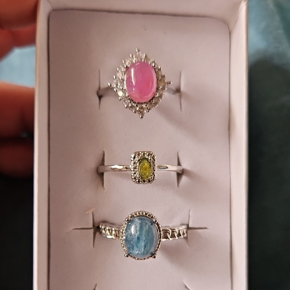 Elegant Pink, Green, and Blue Gemstone Ring Set